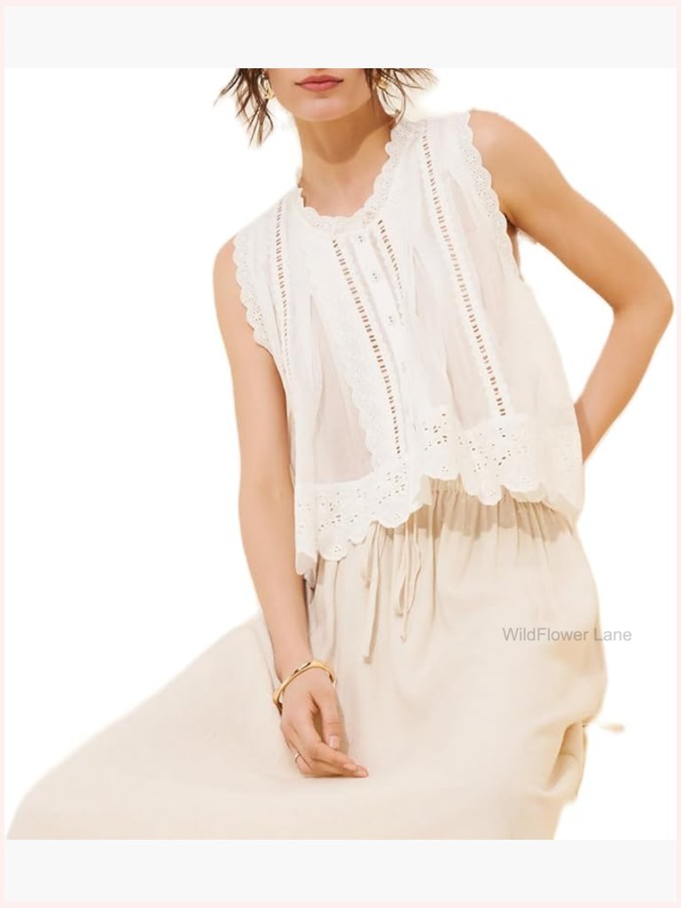 Sleeveless Eyelet Top Vintage Lace Patchwork Button Down Vest Scallop Hem Boho